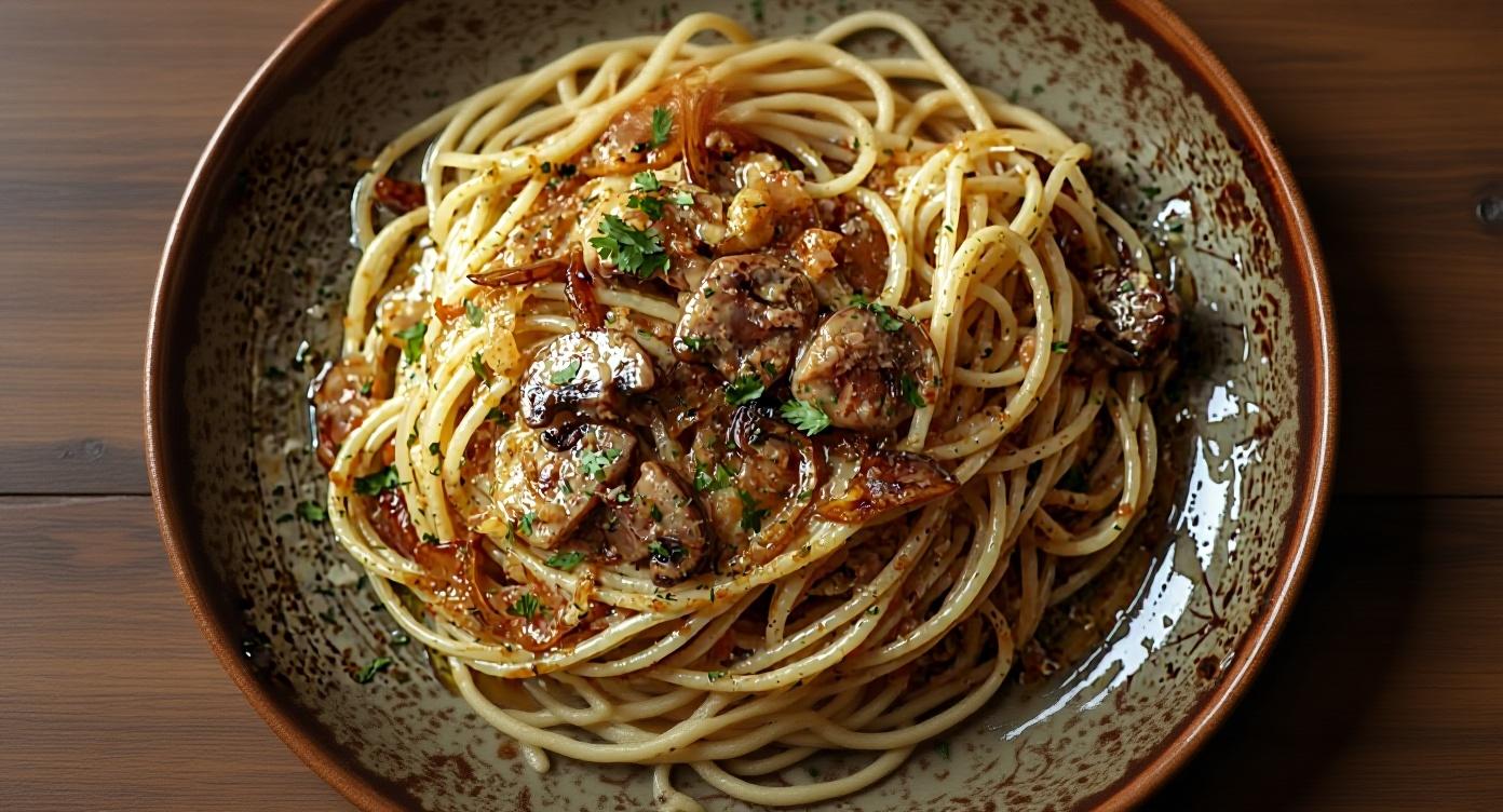 Pasta dish with ripened goat cheese log, sautéed mushrooms, and onions