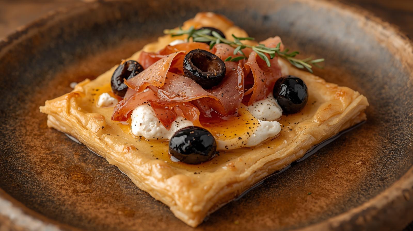Puff pastries with fresh goat cheese, olives and prosciutto